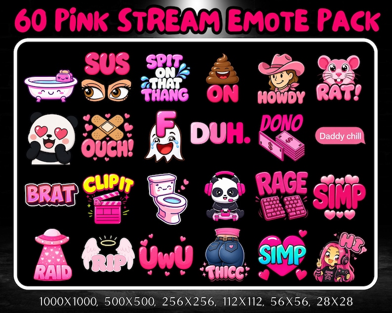 Puede incluir: Una colecci&oacute;n digital de 60 emoticonos de streaming en tonos rosas con varios personajes, objetos y textos como SUS, HOWDY, OUCH, F, DONO, BRAT, CLIP IT, RAGE, SIMP, RAID, RIP, UWU, THICC y HI, presentados en una cuadr&iacute;cula sobre fondo negro.