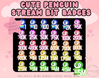 May include: A collection of cute penguin stream bit badges. The badges feature various penguin designs with numbers indicating bit amounts, ranging from 1 to 5M. The text "CUTE PENGUIN STREAM BIT BADGES" is at the top. Includes 30 bit badges.