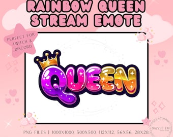 May include: Rainbow colored text that reads "QUEEN" with a gold crown above the word. The text is outlined in black and has a glossy finish. The background is white.