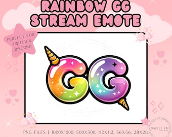 May include: Rainbow colored cartoon letters GG with a unicorn horn on the G. The letters are outlined in black and have a glossy finish. The letters are on a white background.
