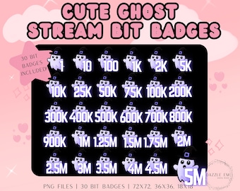 May include: A digital design featuring cute ghost stream bit badges. The badges, in various sizes, include numbers from 1 to 5M, each accompanied by a cartoon ghost wearing a witch hat. The design is set against a pink background with the text "CUTE GHOST STREAM BIT BADGES".