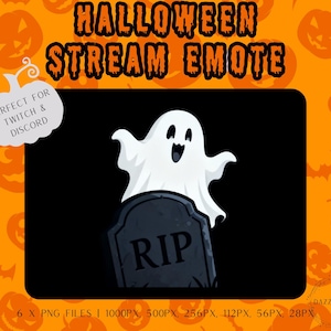 May include: A Halloween-themed stream emote featuring a white ghost with a happy expression, rising from a gray tombstone with "RIP" inscribed on it. The background is black, with an orange pumpkin pattern. The text "HALLOWEEN STREAM EMOTE" is at the top.