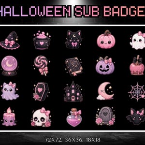 Puede incluir: Una colección de veinte insignias digitales de Halloween con iconos rosas y negros que incluyen un sombrero de bruja, caldero, gato, calabaza, fantasma, bola de cristal, piruleta, libro, manzana de caramelo, ataúd, casa, luna, telaraña, vela, calavera, poción y murciélago.