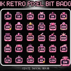 May include: A collection of pink retro pixel bit badges arranged in a grid, featuring various icons like stars, hearts, and game elements with numerical values from 1 to 5M. The text PINK RETRO PIXEL BIT BADGES appears at the top, with 72x72, 36x36, 18x18 at the bottom.