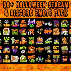 May include: A digital collection of 50+ Halloween-themed stream and Discord emotes featuring various characters, objects, and text phrases like 200 IQ, Raid, Ban, Bits, Touch Grass, Thicc, That's Sus, Rat, Suck It, Simp, Medic, Salty, Milked, Lvl Up, Moist, Noob, Spooky, Hype, Howdy, I'm Out, Nah, Got 'Em, Girl Math, Hacker, Corny, Fake News, F in Chat, Dono, Bot, Brb, Deez, and Clip.