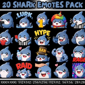 Puede incluir: Una colección digital de 20 emoticonos de tiburón que presenta un personaje de tiburón azul en varias expresiones y acciones, incluyendo sostener una pistola, un corazón, una tarjeta de crédito, una botella de agua y un mazo con el texto BAN, RAID, HYPE, LURK, RAGE.
