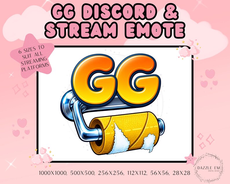 May include: A digital emote featuring the orange text GG above a chrome toilet paper holder with a yellow roll of toilet paper. The image includes the text GG DISCORD & STREAM EMOTE, 6 SIZES TO SUIT ALL STREAMING PLATFORMS, and 1000x1000, 500x500, 256x256, 112x112, 56x56, 28x28.