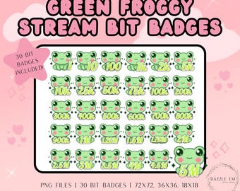May include: A set of 30 green froggy stream bit badges. The badges feature a cartoon frog with different numbers on them, ranging from 1 to 5 million. The badges are designed for Twitch streamers to reward their viewers for donating bits.