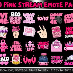Paquete de 60 emoticonos rosas, megapack de emoticonos de Twitch para streamers, Discord, TikTok, YouTube, emoticonos groseros, divertidos, femeninos y de moda.