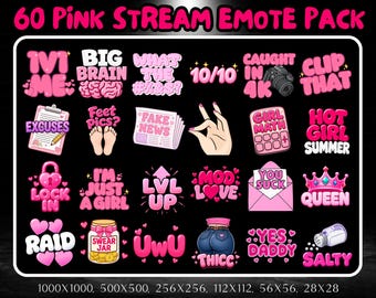 60 x Pink Emote Pack, Twitch Kick Emotes Megapack für Streamer, Discord, Tiktok, Youtube, Rude, Lustig, Girly, Trending Emotes