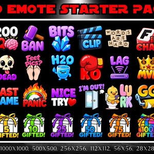 May include: A digital collection of 50 colorful emotes labeled 50 EMOTE STARTER PACK, featuring icons like a brain, skull, boxing glove, crown, and gift boxes with text including 200 IQ, BAN, CLIP, F IN CHAT, DEAD, H2O, KO, LAG, MVP, LAST GAME, PANIC, NICE TRY, LURK, GG, and GIFTED.