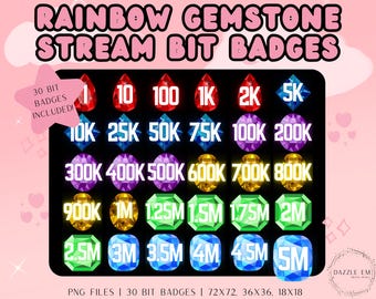 May include: A digital art graphic featuring a collection of rainbow gemstone stream bit badges. The badges are in various shapes and colors, with numbers indicating bit amounts. The text "RAINBOW GEMSTONE STREAM BIT BADGES" is at the top. A pink starburst reads "30 BIT BADGES INCLUDED!"