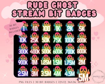 May include: A digital art graphic featuring "Rude Ghost Stream Bit Badges." The badges showcase a skull with a raised middle finger, with numbers from 1 to 5M. The text "30 Bit Badges Included" is also present. The badges are in various colors.