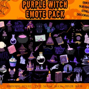 May include: A collection of purple witch-themed emotes for streaming, featuring various illustrations such as witch hats, cauldrons, cats, spell books, and potion bottles. The text "Purple Witch Emote Pack" is displayed at the top.