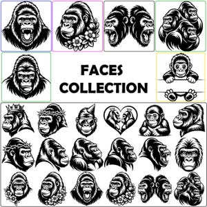 May include: A collection of black and white gorilla face illustrations. The images showcase various expressions, including roaring, smiling, and thoughtful poses. Some gorillas are adorned with accessories like crowns, sunglasses, and flowers. The text "FACES COLLECTION" is displayed in the center.
