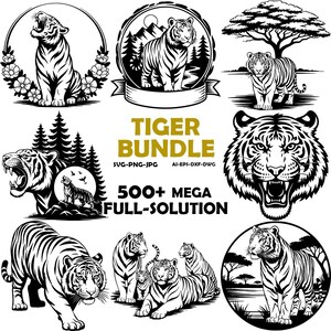 Könnte beinhalten: Eine digitale Sammlung von schwarz-weißen Tiger-Illustrationen in verschiedenen Posen, darunter Tiger in kreisförmigen Rahmen, Waldlandschaften und ein großer Tigerkopf. Der Text TIGER BUNDLE SVG-PNG-JPG AI-EPS-DXF-DWG 500+ MEGA FULL-SOLUTION ist zentriert.