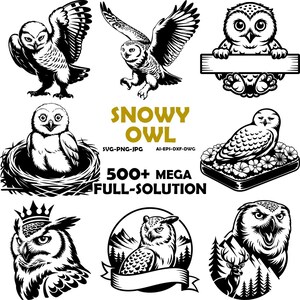 Peut inclure: Plusieurs illustrations de hiboux en noir et blanc, dans diverses poses, dont en vol et nichés. Le texte "SNOWY OWL" et "500+ MEGA FULL-SOLUTION" est également présent.
