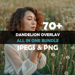 Puede incluir: Una mujer con cabello castaño rizado está rodeada de dientes de león. La imagen incluye el texto "70+ Dandelion Overlay All in One Bundle JPEGs & PNG". La mujer lleva una blusa blanca.