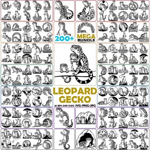 May include: A collection of black and white leopard gecko designs. The image includes various gecko illustrations, some with floral and nature elements. Text reads "200+ MEGA BUNDLE" and "LEOPARD GECKO". File formats include AI, EPS, DXF, DWG, SVG, PNG, and JPG.
