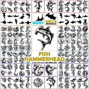 May include: A collection of hammerhead shark designs in various styles, including silhouettes and detailed illustrations. The designs are in black and white, with the text "400+ MEGA BUNDLE" and "FISH HAMMERHEAD" visible. File formats include AI, EPS, DXF, DWG, SVG, PNG, and JPG.
