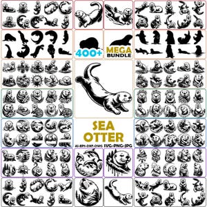 Könnte beinhalten: Eine Sammlung von Seeotter-Illustrationen in verschiedenen Posen und Stilen, einschließlich Silhouetten und detaillierten Zeichnungen. Das Bild enthält den Text "400+ MEGA BUNDLE" und "SEA OTTER". Formate: AI, EPS, DXF, DWG, SVG und PNG.
