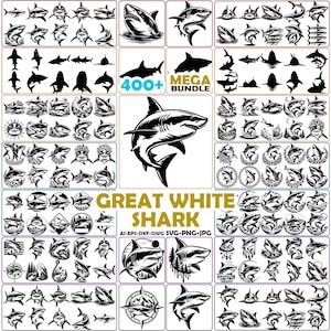 Pode incluir: Uma coleção de ilustrações de tubarões em preto e branco, incluindo silhuetas e desenhos detalhados. O texto "400+ MEGA BUNDLE" e "GREAT WHITE SHARK" também está presente. Formatos: AI, EPS, DXF, DWG, SVG, PNG, JPG.