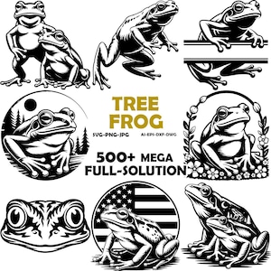 May include: Black and white illustrations of tree frogs in various poses. The image includes the text "TREE FROG" and "500+ MEGA FULL-SOLUTION" with file type indicators. The frogs are depicted in different styles, some with floral or circular frames.