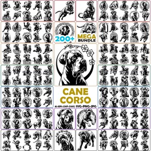 Pode incluir: Uma coleção digital de mais de 200 ilustrações em preto e branco de cães Cane Corso em várias poses, incluindo retratos e fotos de corpo inteiro, com o texto 200+ MEGA BUNDLE e CANE CORSO AI-EPS-DXF-DWG SVG-PNG-JPG no centro.