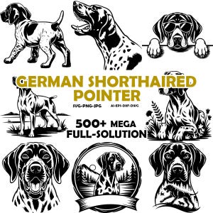 May include: A selection of black and white illustrations featuring German Shorthaired Pointers. The image includes the text "GERMAN SHORTHAIRED POINTER" and "500+ MEGA FULL-SOLUTION".
