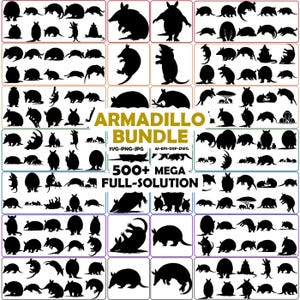 May include: A collection of black armadillo silhouettes in various poses, arranged in a grid. The image includes the text "ARMADILLO BUNDLE" and "500+ MEGA FULL-SOLUTION" in gold and white fonts, indicating a digital art package.