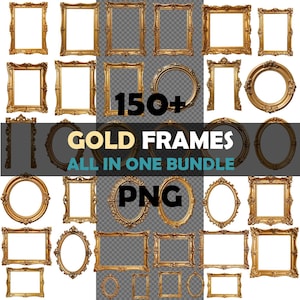 Può includere: Una collezione di oltre 150 cornici dorate in varie forme e dimensioni, inclusi design rettangolari, ovali e circolari. Le cornici presentano dettagli ornati e sono presentate su uno sfondo trasparente. Il testo "GOLD FRAMES ALL IN ONE BUNDLE PNG" è anche visibile.
