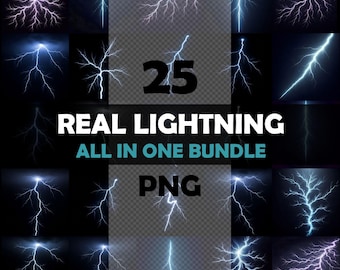 May include: A digital art bundle featuring 25 images of realistic lightning strikes in various shapes and colors, including white, blue, and purple. The text overlay reads "25 REAL LIGHTNING ALL IN ONE BUNDLE PNG". The images are set against a dark background.