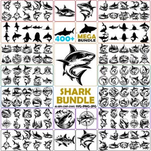 Könnte beinhalten: Eine digitale Sammlung von über 400 schwarz-weißen Haifisch-Illustrationen mit verschiedenen Posen, kreisförmigen Emblemen und Naturmotiven. Der Text 400+ MEGA BUNDLE und SHARK BUNDLE AI-EPS-DXF-DWG SVG-PNG-JPG ist in Gold und Schwarz dargestellt.