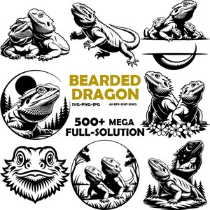 May include: A collection of black and white illustrations of bearded dragons in various poses. The designs include a dragon with text that says "BEARDED DRAGON" and "500+ MEGA FULL-SOLUTION". The illustrations are suitable for SVG, PNG, JPG, AI, EPS, and DXF files.