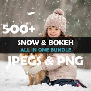 以下が含まれることがあります： ピンクの帽子とコートを着た幼い子供が、雪の中で小さな犬を抱いています。画像には「500+ SNOW & BOKEH ALL IN ONE BUNDLE JPEGS & PNG」というテキストが含まれています。シーンは屋外で雪が降っています。