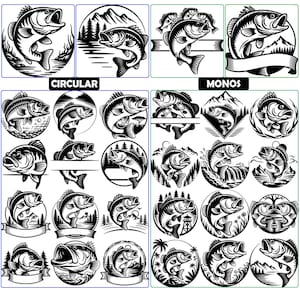May include: A collection of black and white bass fish illustrations in various circular and rectangular designs. Some designs include mountains, trees, and banners. The word "CIRCULAR" is above the circular designs, and "MONOS" is above the rectangular designs.