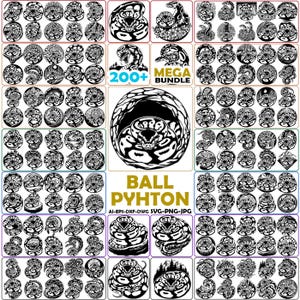 Pode incluir: Uma coleção digital de mais de 200 ilustrações vetoriais em preto e branco apresentando pítons-bola em várias poses enroladas. O conjunto gráfico inclui designs circulares, motivos de cobras e o texto 200+ MEGA BUNDLE BALL PYHTON AI-EPS-DXF-DWG.