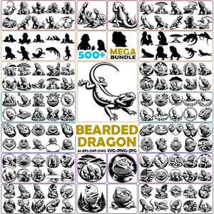 Może przedstawiać: Kolekcja czarno-białych ilustracji brodatych smoków w różnych pozach i stylach. Obraz zawiera tekst "500+ MEGA BUNDLE" i "BEARDED DRAGON" z informacjami o typie pliku.
