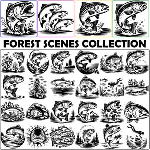 May include: A collection of black and white illustrations featuring trout in various aquatic settings, including jumping fish, underwater scenes, and coral reefs. The text FOREST SCENES COLLECTION is printed in bold, black capital letters above the grid.