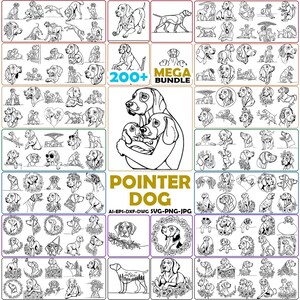 Op de afbeelding: Een digitale collectie van meer dan 200 zwart-wit lijntekeningen met pointer honden in verschillende houdingen, waaronder portretten, honden met bloemenkransen en puppy's, met de tekst 200+ MEGA BUNDLE POINTER DOG AI-EPS-DXF-DWG SVG-PNG-JPG.