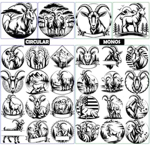 May include: A collection of black and white illustrations featuring goats in various settings, including circular and diamond-shaped frames, with some designs incorporating mountains, trees, and the American flag, labeled as CIRCULAR and MONOS.