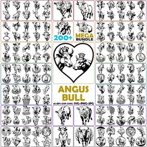 May include: A digital collection of over 200 black and white line art illustrations featuring Angus bulls in various poses, including bulls with crowns, floral wreaths, and circular frames, with the text 200+ MEGA BUNDLE ANGUS BULL AI-EPS-DXF-DWG SVG-PNG-JPG.