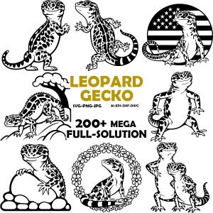 Può includere: Illustrazioni in bianco e nero di gechi leopardo in varie pose. L'immagine include il testo "LEOPARD GECKO" e "200+ MEGA FULL-SOLUTION" con informazioni sui tipi di file.