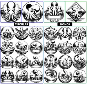 May include: A collection of black and white graphic illustrations featuring octopuses in various settings, including mountains, forests, and water. The designs are organized into two main categories labeled CIRCULAR and MONOS, showcasing diverse octopus poses and natural landscapes within circular and diamond-shaped frames.