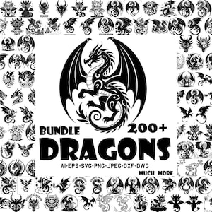 May include: A black and white digital art bundle featuring over 200 dragon designs. The central image is a detailed dragon with large wings. Text includes "BUNDLE DRAGONS" and file type formats.
