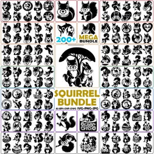 May include: A digital collection of over 200 black and white squirrel illustrations in a bundle. The graphic set features various squirrel poses, including squirrels with flowers, hearts, and accessories, with the text 200+ MEGA BUNDLE SQUIRREL BUNDLE.