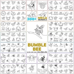 May include: A digital collection of over 200 black and white line art illustrations featuring bumble bees in various poses, including bees on flowers, in wreaths, and in nature scenes, with the text 200+ MEGA BUNDLE BUMBLE BEE AI-EPS-DXF-DWG SVG-PNG-JPG.