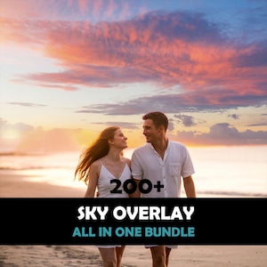 May include: A couple walks on a beach at sunset under a vibrant sky. The image features the text "200+ SKY OVERLAY ALL IN ONE BUNDLE" in a black banner. The sky is filled with pink, orange, and blue hues.