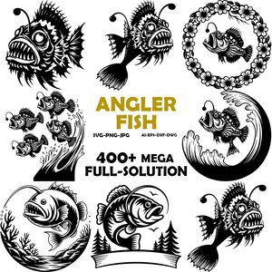 Puede incluir: Una colección de ilustraciones en blanco y negro de peces rape. Los diseños incluyen varias representaciones del pez, algunas con elementos acuáticos y otras dentro de marcos circulares. El texto dice "ANGLER FISH" y "400+ MEGA FULL-SOLUTION".