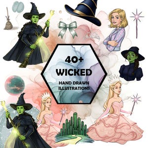 Imágenes prediseñadas de malvadas en acuarela, Elphaba PNG, Glinda, Brujas, Ciudad Esmeralda, Dibujadas a mano, Arte con brillantina, Decoración, Suministro POD, Digital